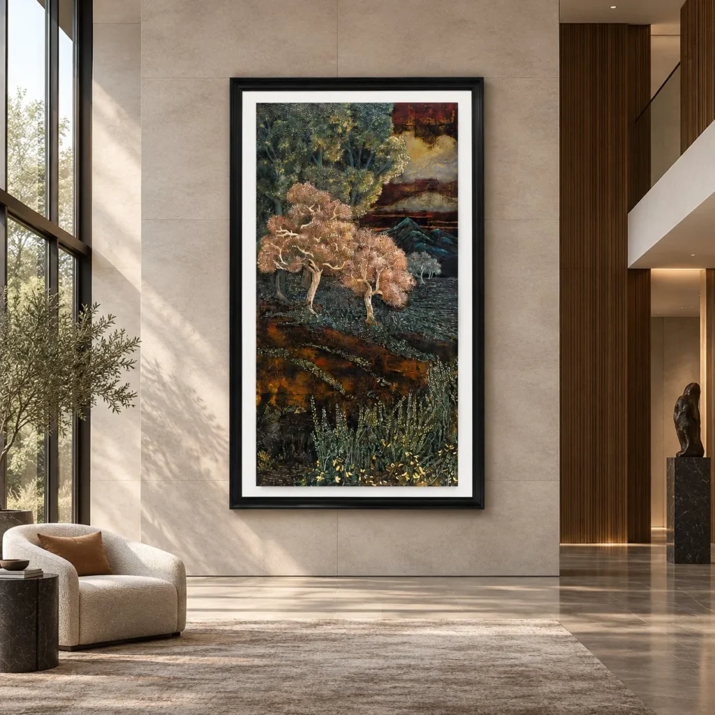 Tall Pine and Sunset Mosaic in Black Frame, 150 x 260 cm — front view