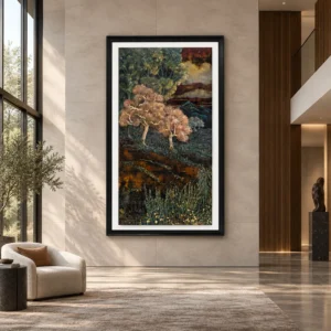 Tall Pine and Sunset Mosaic in Black Frame, 150 x 260 cm — front view