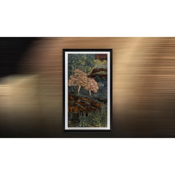 Tall Pine and Sunset Mosaic in Black Frame, 150 x 260 cm — in a room setting