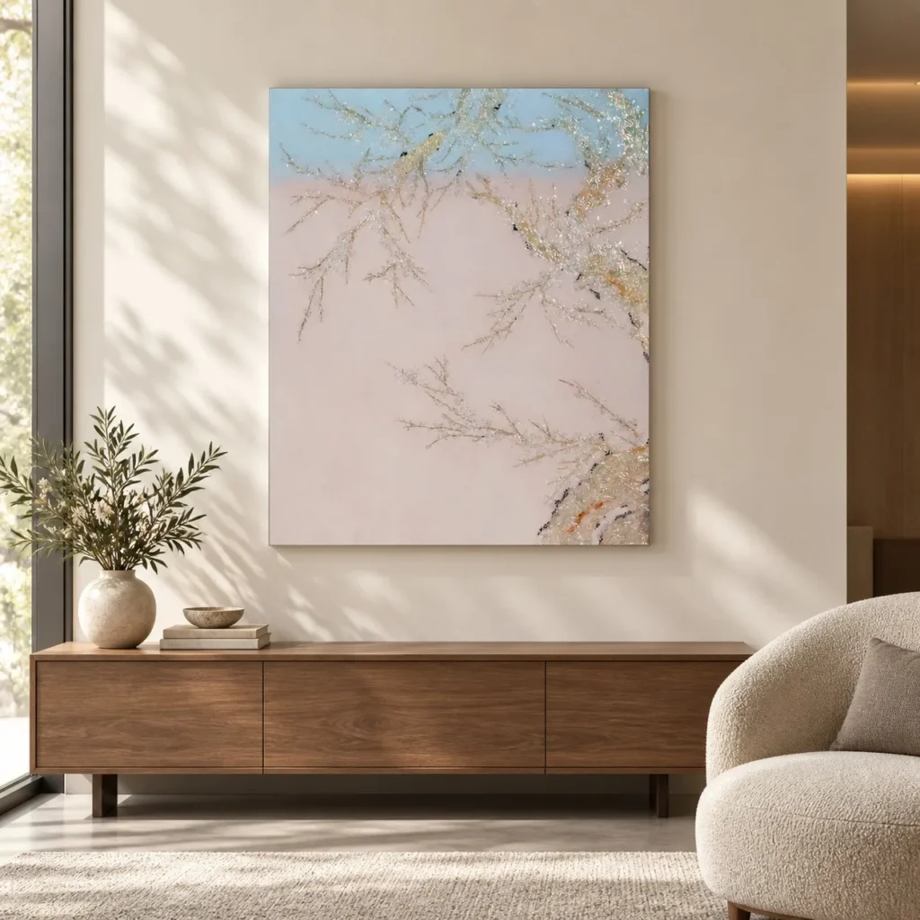 Blossom Branch on Blush Sky Panel, 85 x 100 cm in rose stone — front view