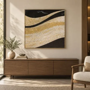 Gold and Black Wave Panel, 72 x 70 cm in brushed brass — front view