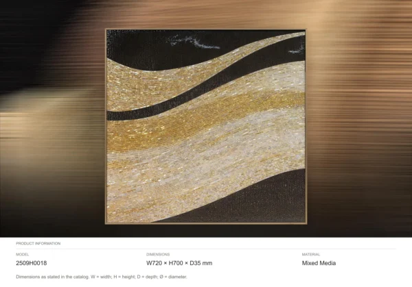 Gold and Black Wave Panel, 72 x 70 cm in brushed brass — dimensions