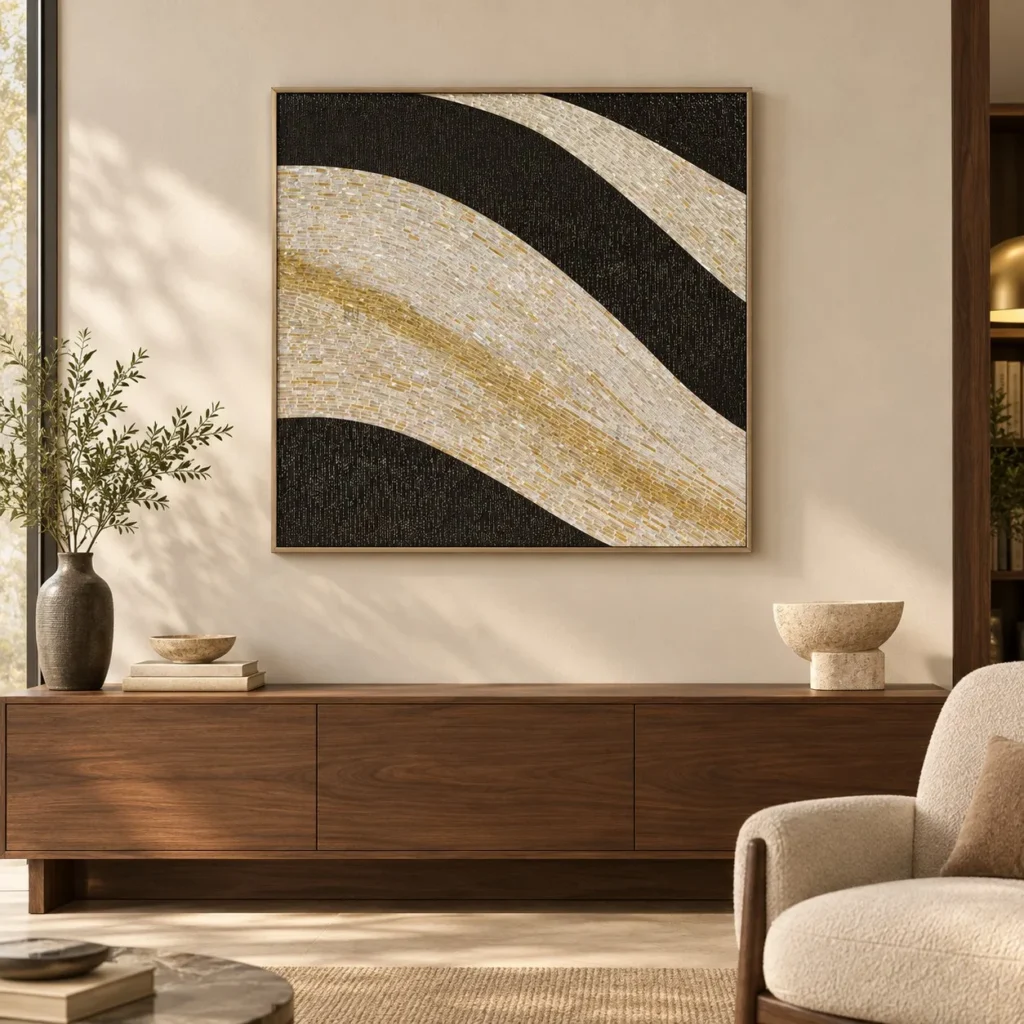 Gold and Black Wave Panel, Second, 72 x 70 cm in brushed brass — front view