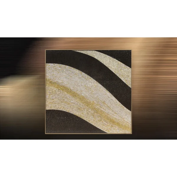 Gold and Black Wave Panel, Second, 72 x 70 cm in brushed brass — in a room setting