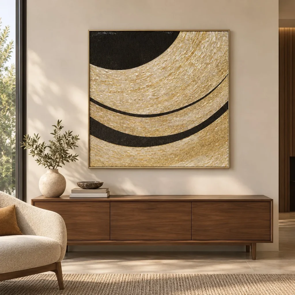 Gold and Black Wave Panel, Third, 72 x 70 cm in brushed brass — front view