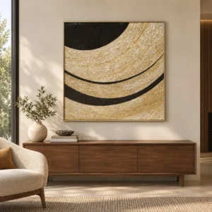 Gold and Black Wave Panel, Third, 72 x 70 cm in brushed brass — front view