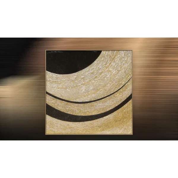 Gold and Black Wave Panel, Third, 72 x 70 cm in brushed brass — in a room setting