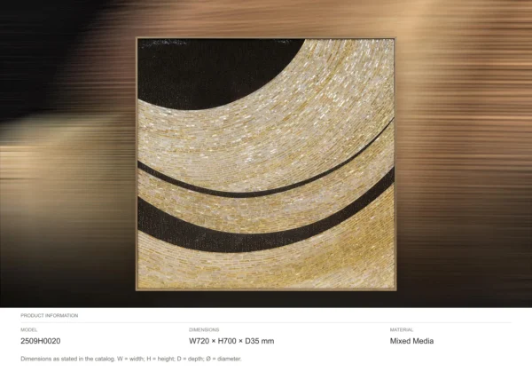 Gold and Black Wave Panel, Third, 72 x 70 cm in brushed brass — dimensions