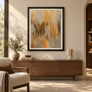 Gold and Silver Chevron Panel in Black Frame, 100 x 120 cm — front view