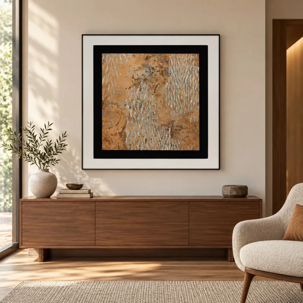 Rust and Silver Leaf Panel in Black Frame, 100 x 100 cm — front view