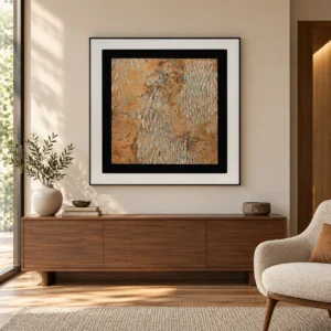 Rust and Silver Leaf Panel in Black Frame, 100 x 100 cm — front view