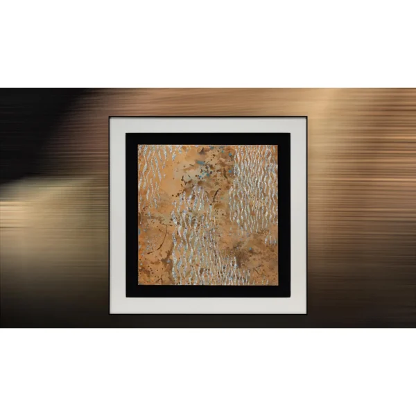 Rust and Silver Leaf Panel in Black Frame, 100 x 100 cm — in a room setting