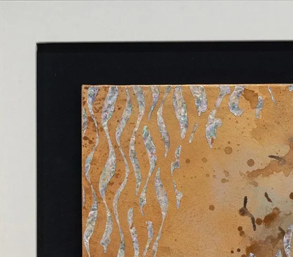 Rust and Silver Leaf Panel in Black Frame, 100 x 100 cm — detail