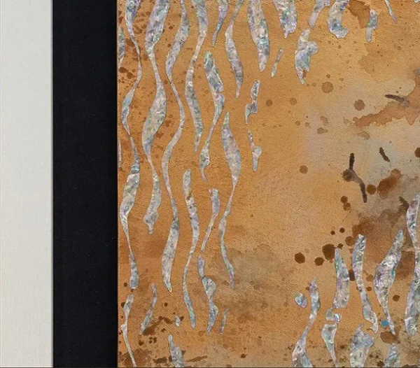 Rust and Silver Leaf Panel in Black Frame, 100 x 100 cm — detail