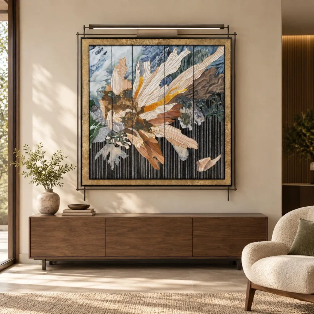 Feathered Bloom Collage on Brass Rods, 120 x 135 cm in brushed brass — front view