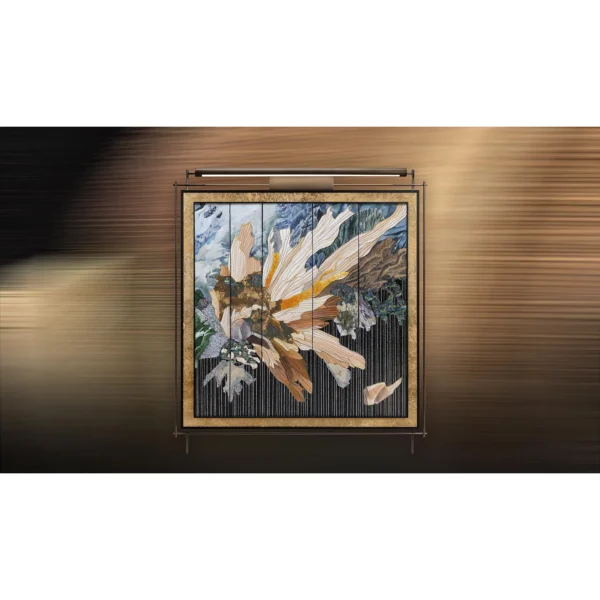 Feathered Bloom Collage on Brass Rods, 120 x 135 cm in brushed brass — in a room setting