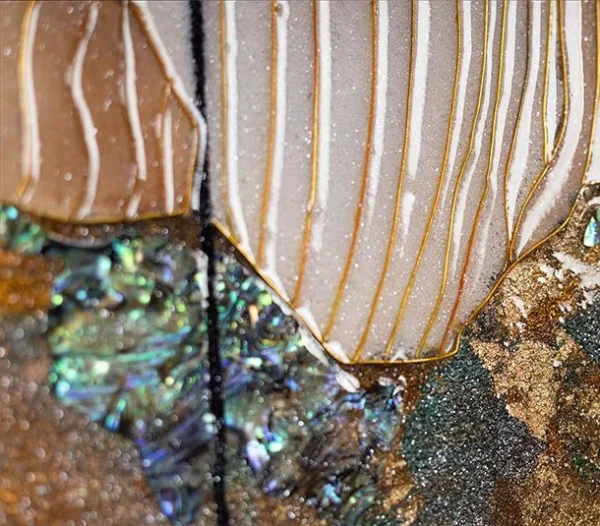 Feathered Bloom Collage on Brass Rods, 120 x 135 cm in brushed brass — detail