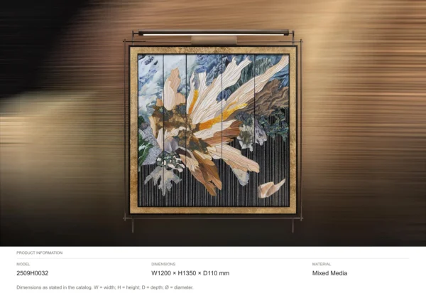 Feathered Bloom Collage on Brass Rods, 120 x 135 cm in brushed brass — dimensions