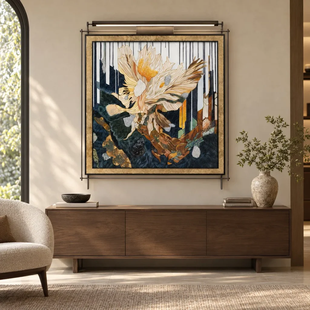 Feathered Bloom on Navy Collage on Brass Rods, 120 x 135 cm in blue — front view