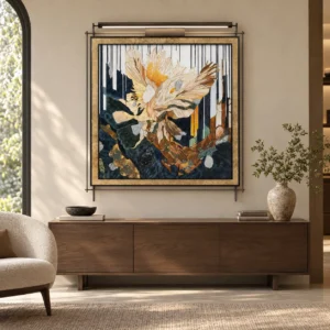 Feathered Bloom on Navy Collage on Brass Rods, 120 x 135 cm in blue — front view