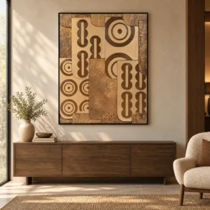 Tan and Brown Geometric Relief in Black Frame, 120 x 150 cm — front view