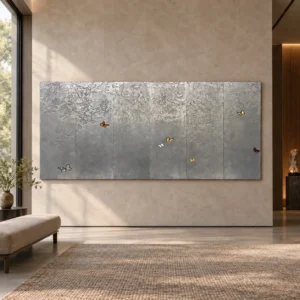 Monumental Silver Leaf Panel with Butterflies, 340 x 150 cm in silver — front view