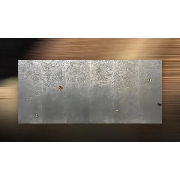 Monumental Silver Leaf Panel with Butterflies, 340 x 150 cm in silver — in a room setting