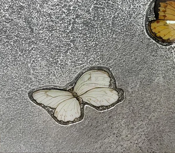 Monumental Silver Leaf Panel with Butterflies, 340 x 150 cm in silver — detail