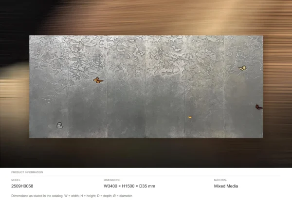 Monumental Silver Leaf Panel with Butterflies, 340 x 150 cm in silver — dimensions