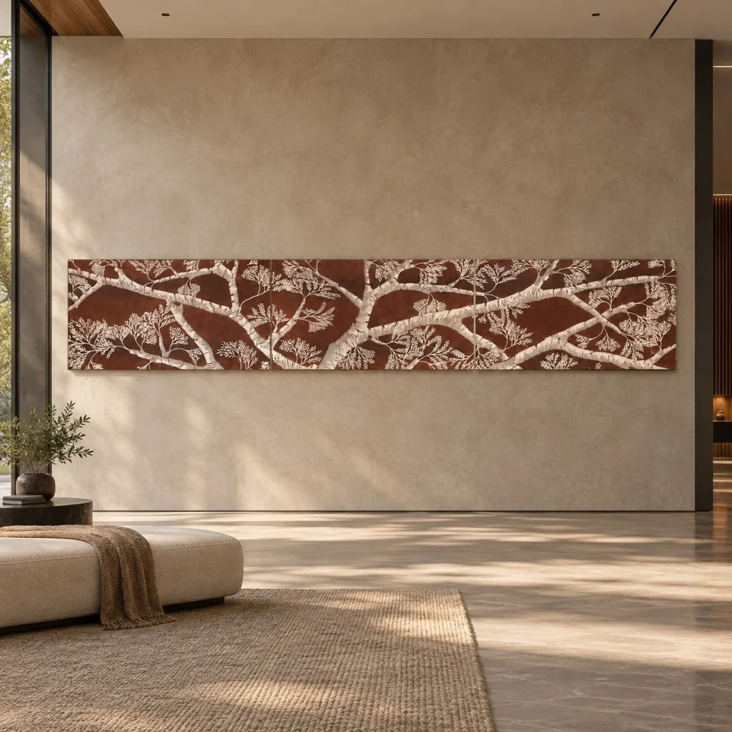 Panoramic Branch Relief in Rust and White, 454 x 80 cm — front view