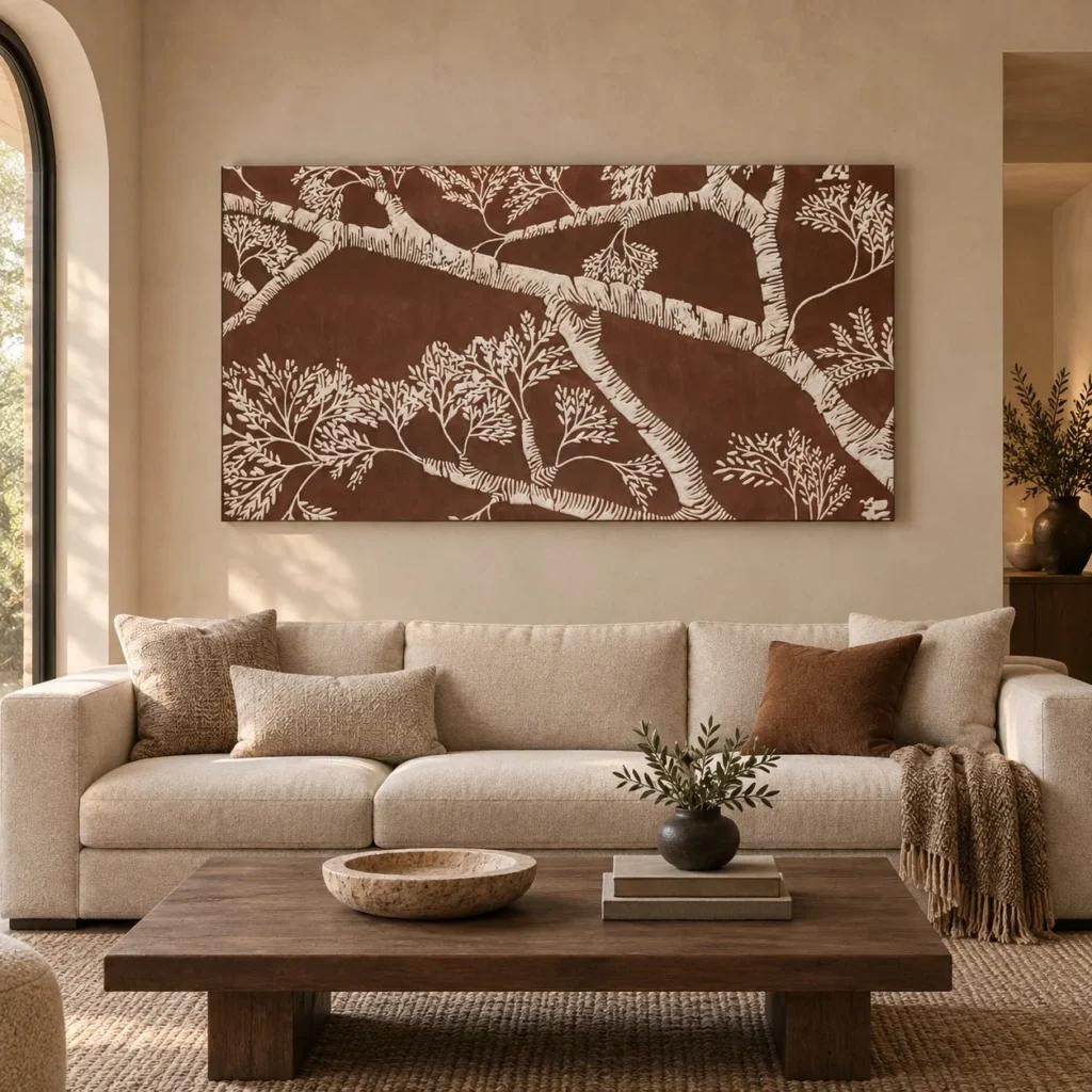 Wide Branch Relief in Rust and White, 150 x 80 cm — front view