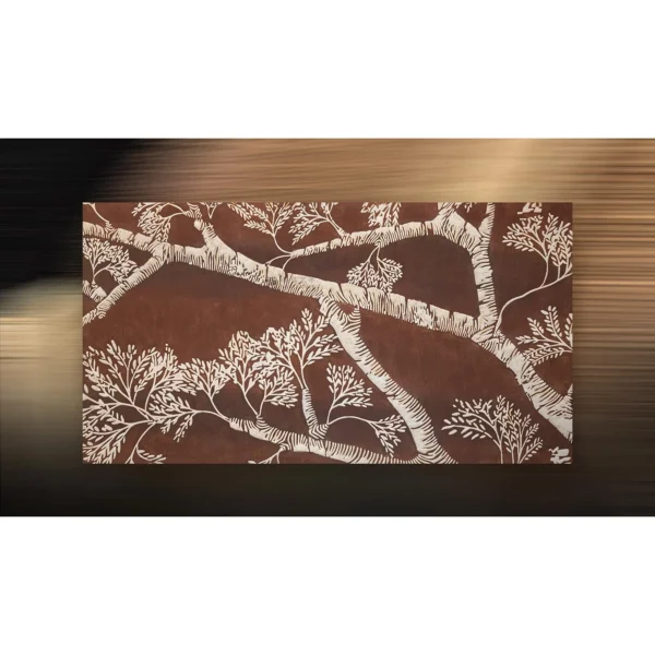 Wide Branch Relief in Rust and White, 150 x 80 cm — in a room setting