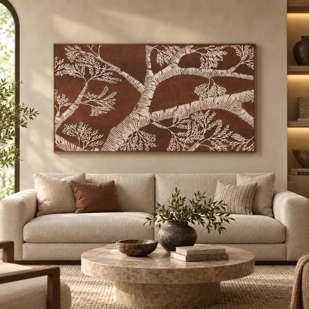 Wide Branch Relief in Rust and White, Second, 150 x 80 cm — front view