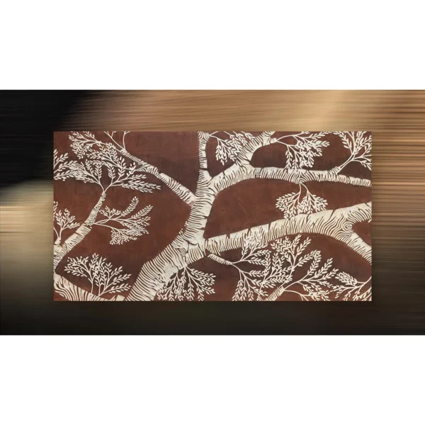 Wide Branch Relief in Rust and White, Second, 150 x 80 cm — in a room setting