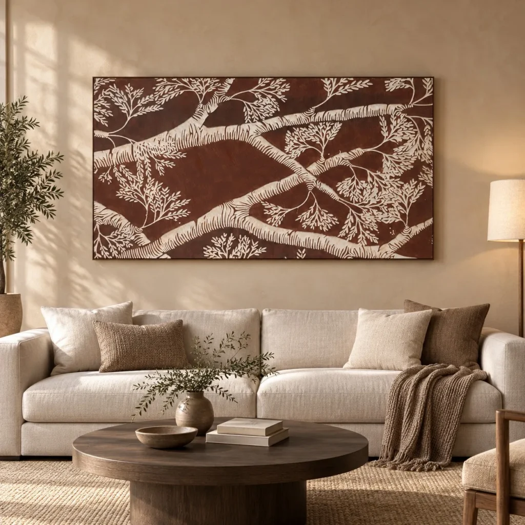 Wide Branch Relief in Rust and White, Third, 150 x 80 cm — front view