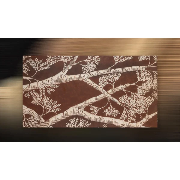 Wide Branch Relief in Rust and White, Third, 150 x 80 cm — in a room setting