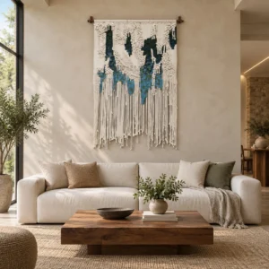 Macramé Fibre Wall Hanging in Cream and Teal, 135 x 150 cm — front view