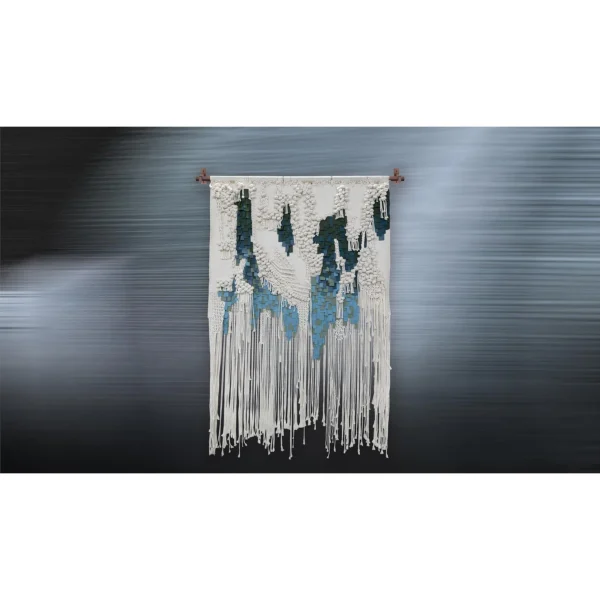 Macramé Fibre Wall Hanging in Cream and Teal, 135 x 150 cm — in a room setting