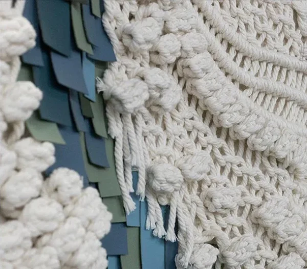 Macramé Fibre Wall Hanging in Cream and Teal, 135 x 150 cm — detail