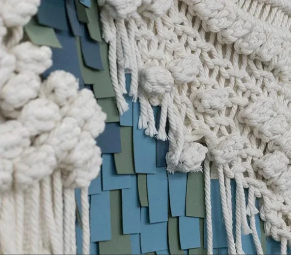 Macramé Fibre Wall Hanging in Cream and Teal, 135 x 150 cm — detail