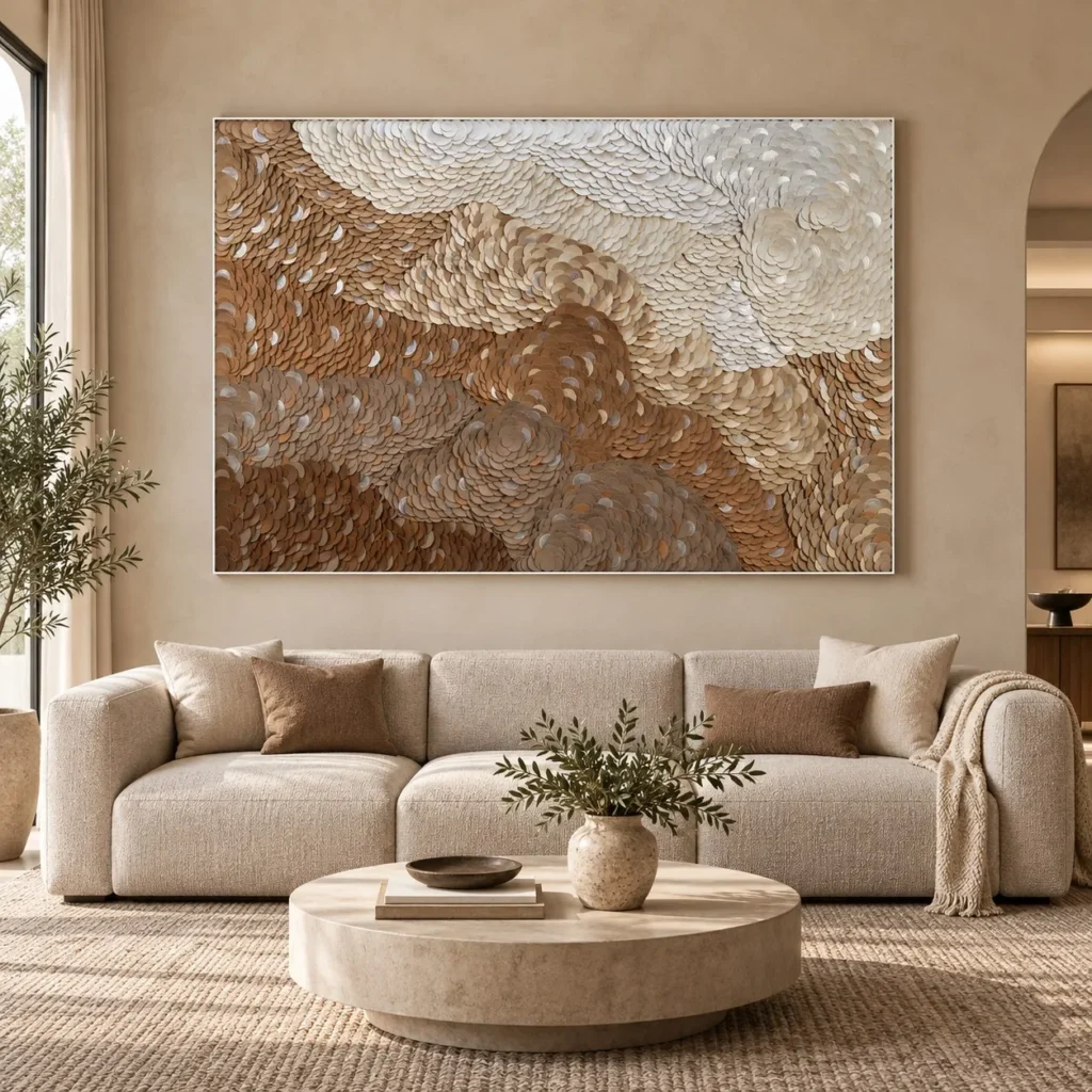 Wide Feathered Dune Relief in Sand and Silver, 220 x 150 cm — front view