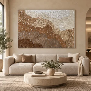 Wide Feathered Dune Relief in Sand and Silver, 220 x 150 cm — front view