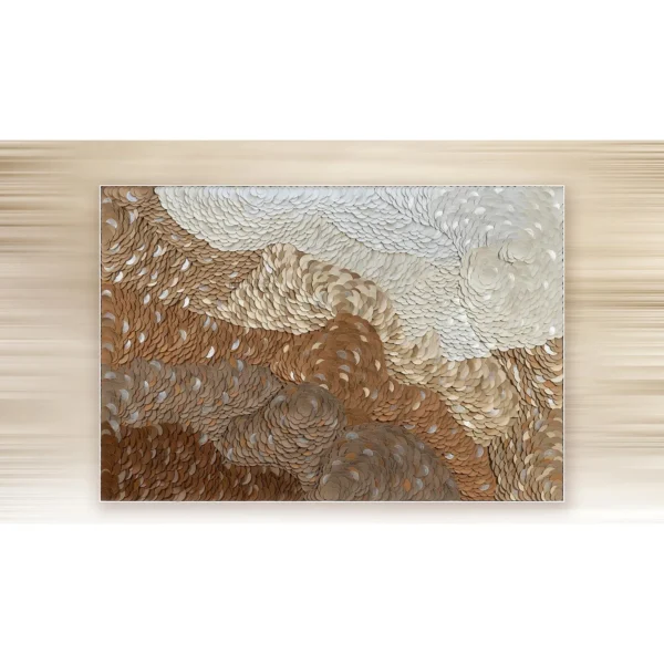 Wide Feathered Dune Relief in Sand and Silver, 220 x 150 cm — in a room setting