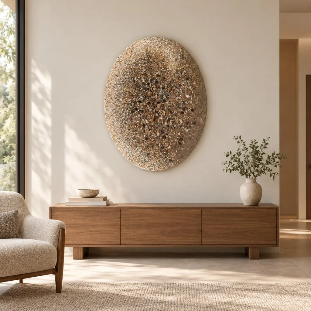 Oval Pebble Mosaic Relief in Sand and Grey, 100 x 130 cm — front view