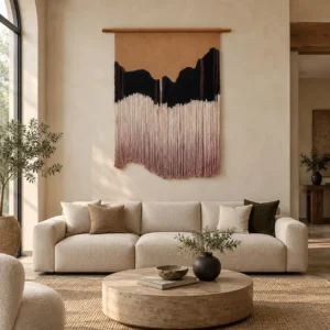 Fringed Fibre Wall Hanging in sand — front view