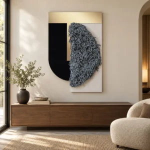 Grey Fleece and Black Arch Textile Relief, 80 x 120 cm in slate — front view