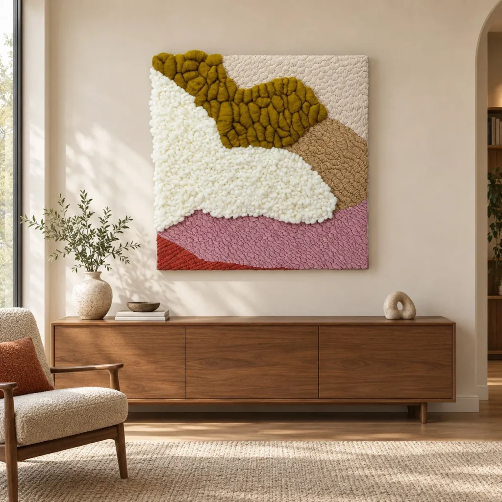 Tufted Landscape Textile Art in olive — front view