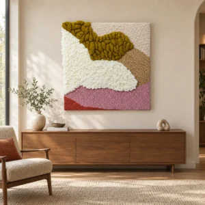 Tufted Landscape Textile Art in olive — front view