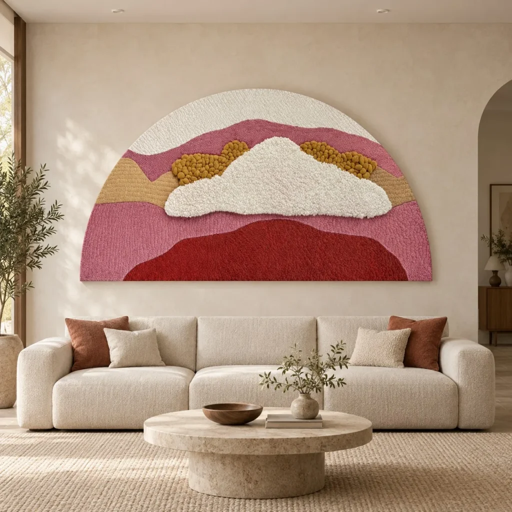 Arched Tufted Landscape Textile Art in rose stone — front view