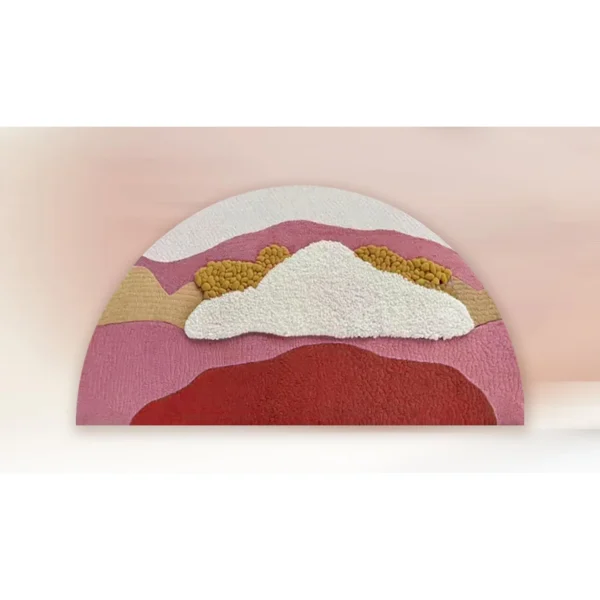 Arched Tufted Landscape Textile Art in rose stone — in a room setting